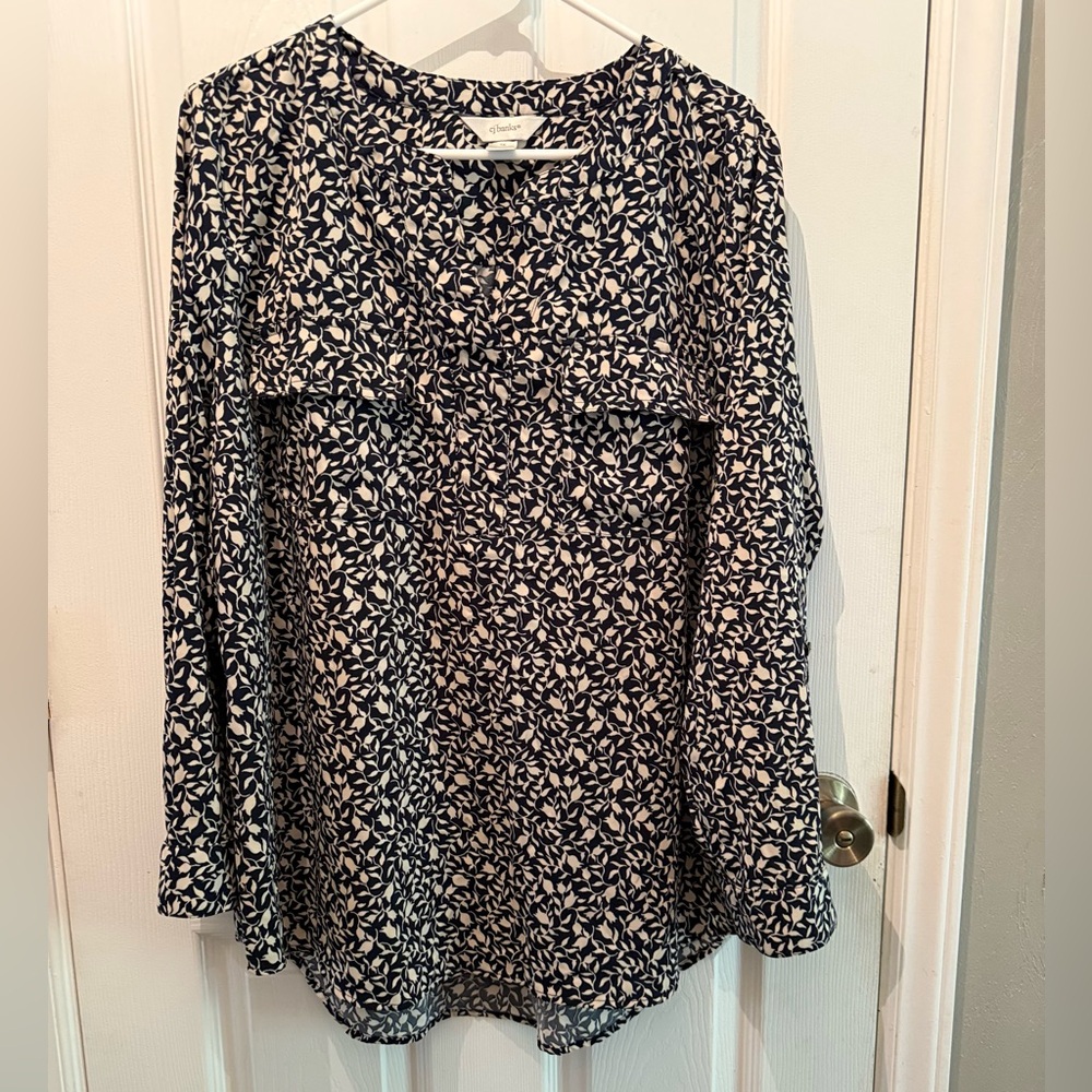 Cj Banks Blouse Blue Cream Pockets long sleeves Size 1X